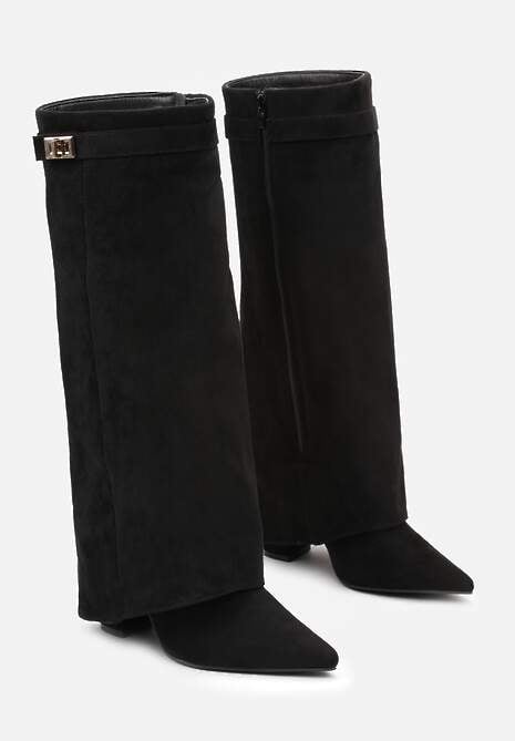 Czarne Kozaki na Słupku z Wywiniętą Cholewką i Klamerką Upaxa