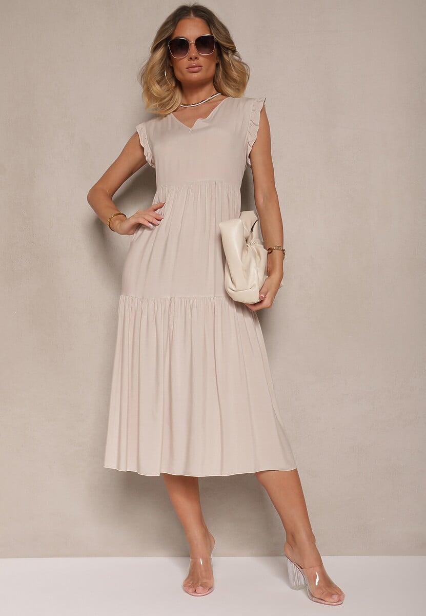 Jasnobeżowa Sukienka z Bawełny z Falbankami Hirlio