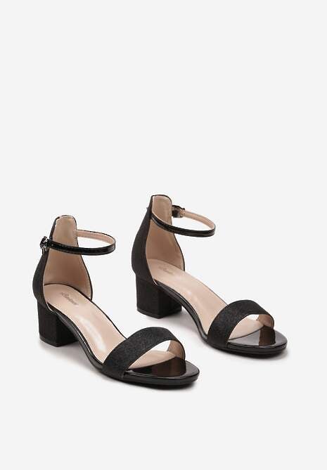 Czarne Brokatowe Sandały na Słupku Zapinane Wokół Kostki Viatera