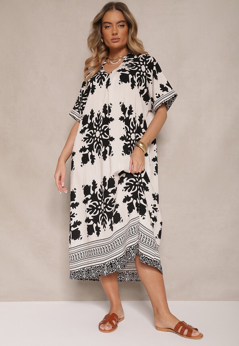 Biała Wiskozowa Sukienka o Pudełkowym Kroju z Dekoltem w Serek Adellira