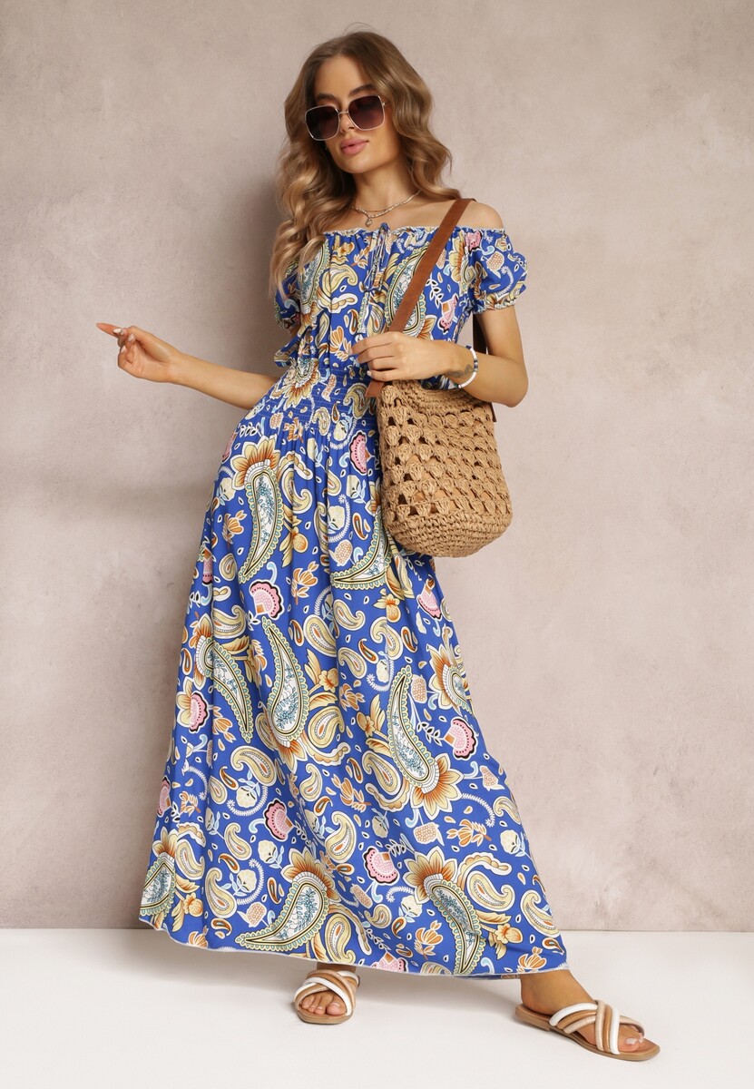 Niebieska  Bawełniana Sukienka Maxi z Hiszpańskim Dekoltem i Cienkimi Gumkami w Talii Alarina