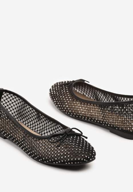 Czarne Balerinki z Siateczkową Cholewką Ozdobione Cyrkoniami i Kokardą Gizana