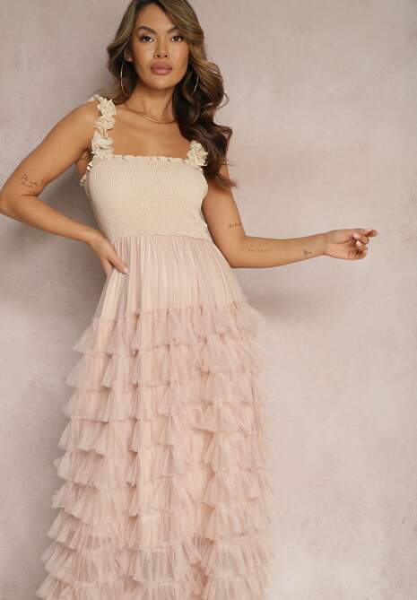 Beżowa Koktajlowa Sukienka Maxi z Tiulowymi Falbankami Amiusa