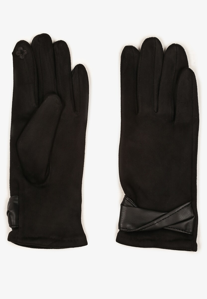Czarne Eleganckie Rękawiczki z Bawełną i Wywiniętą Aplikacją przy Nadgarstku Sissemi
