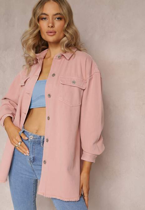 Różowa Bawełniana Jeansowa Kurtka Oversize z Kieszeniami i Metalowymi Guzikami Malvo