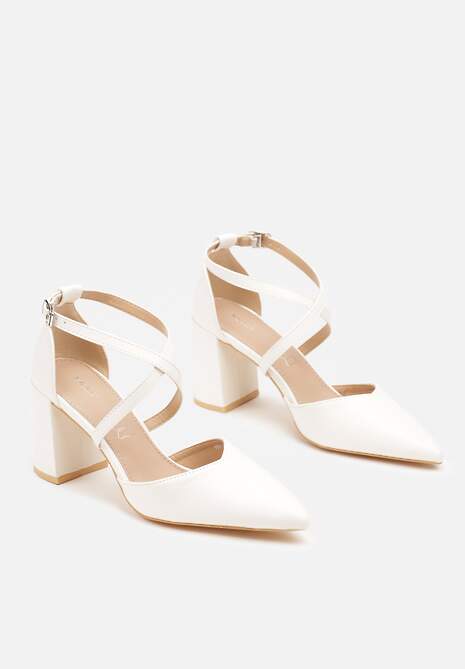 Białe Czółenka Vices na Słupku ze Skórzaną Wkładką Ozdobione Paskami Learelia