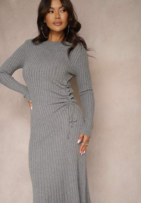 Szara Prążkowana Sweterkowa Sukienka z Wiskozą i Troczkiem z Boku Agranea