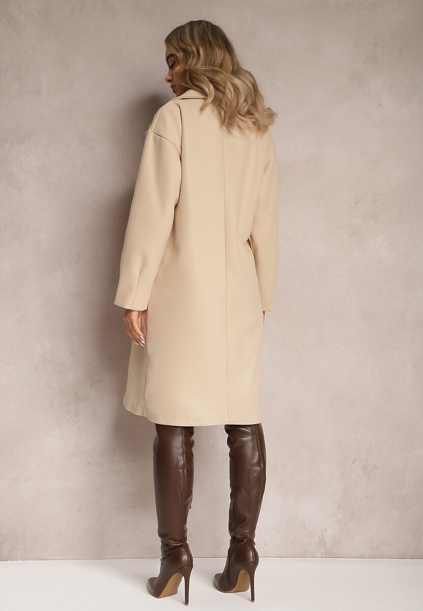 Jasnobeżowy Płaszcz Dwurzędowy Długi Tadde