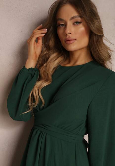 Ciemnozielona Sukienka Rozkloszowana z Gumką w Pasie Thelo