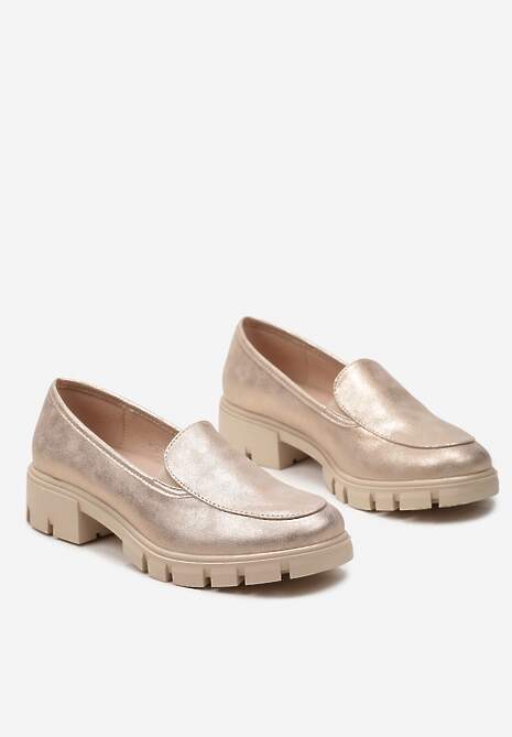 Złote Mokasyny ze Skórzaną Wkładką i Grubą Ozdobną Podeszwą Viole