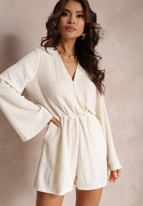 Biały Kombinezon z Kopertowym Dekoltem i Gumką w Pasie Acalio