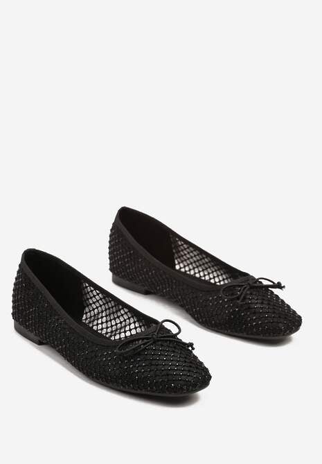 Czarne Siateczkowe Balerinki z Delikatnymi Cyrkoniami i Kokardką Senirithra