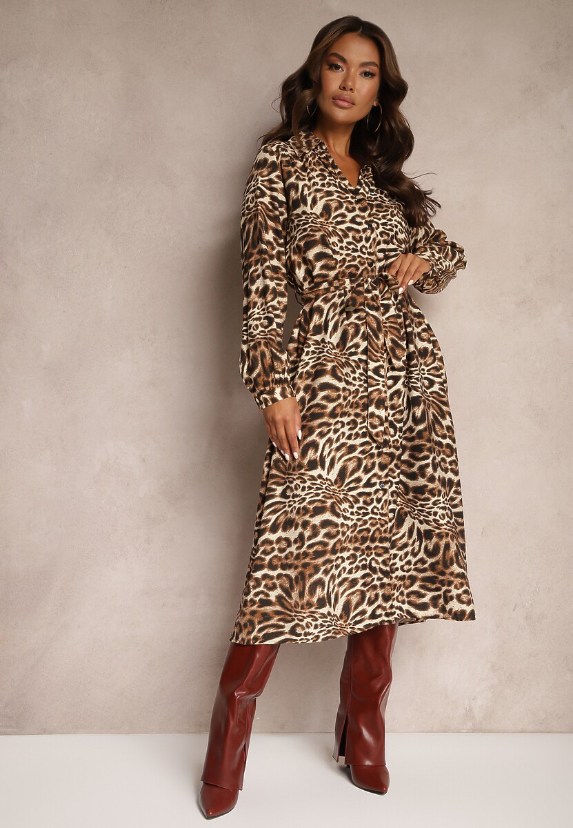 Brązowa Sukienka Typu Szmizjerka z Wiskozą z Wiązanym Paskiem w Panterkowy Wzór Raidra