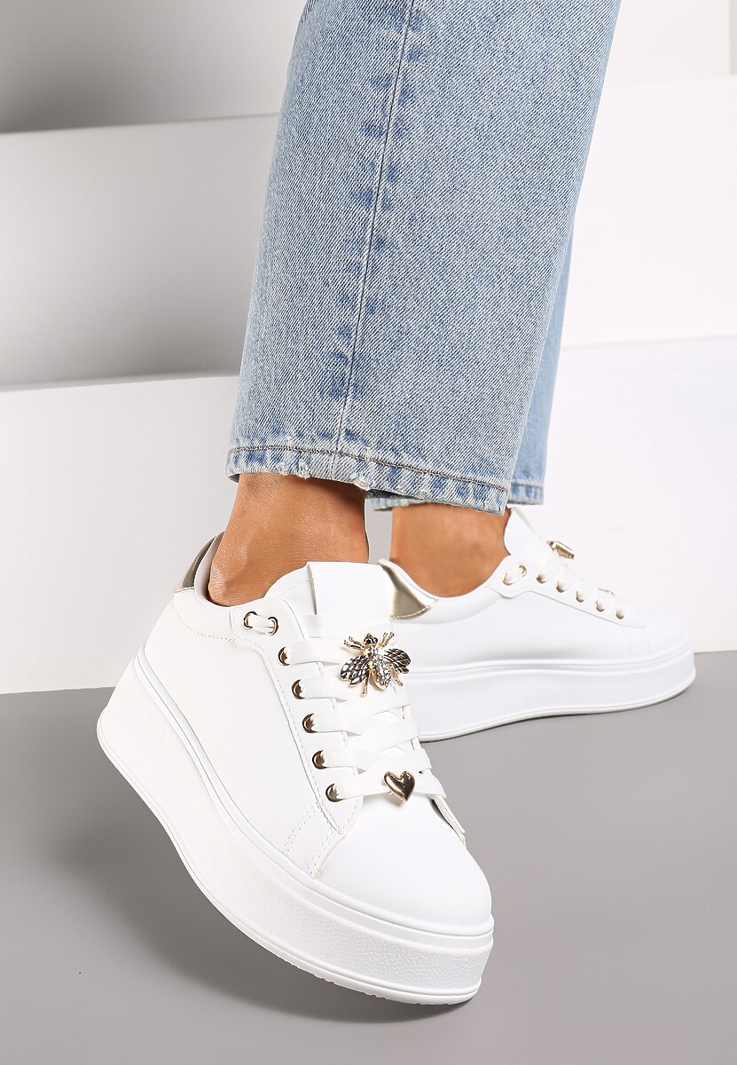 Biało-Złote Sportowe Sneakersy z Aplikacją w Kształcie Owada i Cyrkoniami Renice