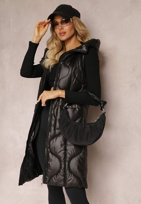 Czarna Długa Kamizelka z Wsuwanymi Kieszeniami i Kapturem Manzella