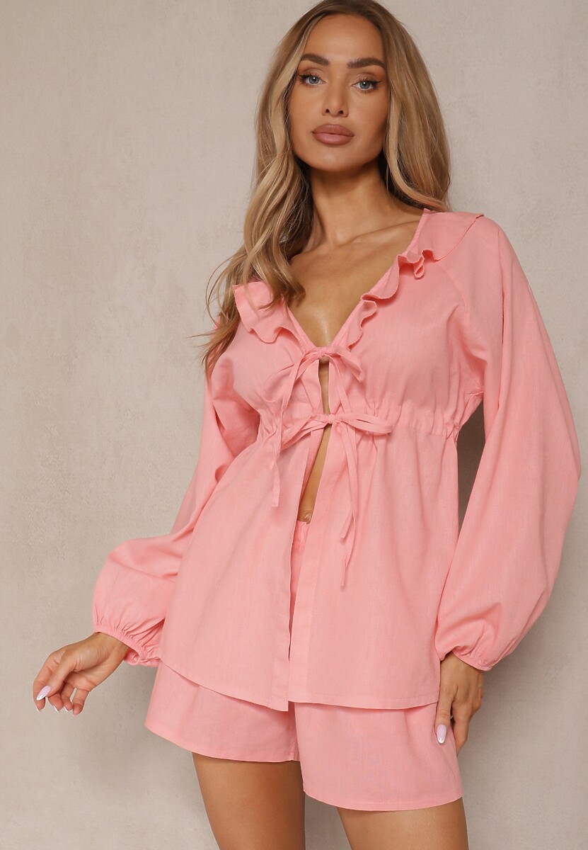 Różowy Komplet z Lnem Szorty i Bluzka z Wiązaniem i Falbanką Mirovenia