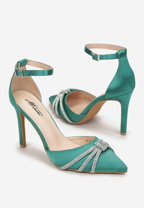 Zielone Sandały z Cyrkoniami na Szpilce Bersaba