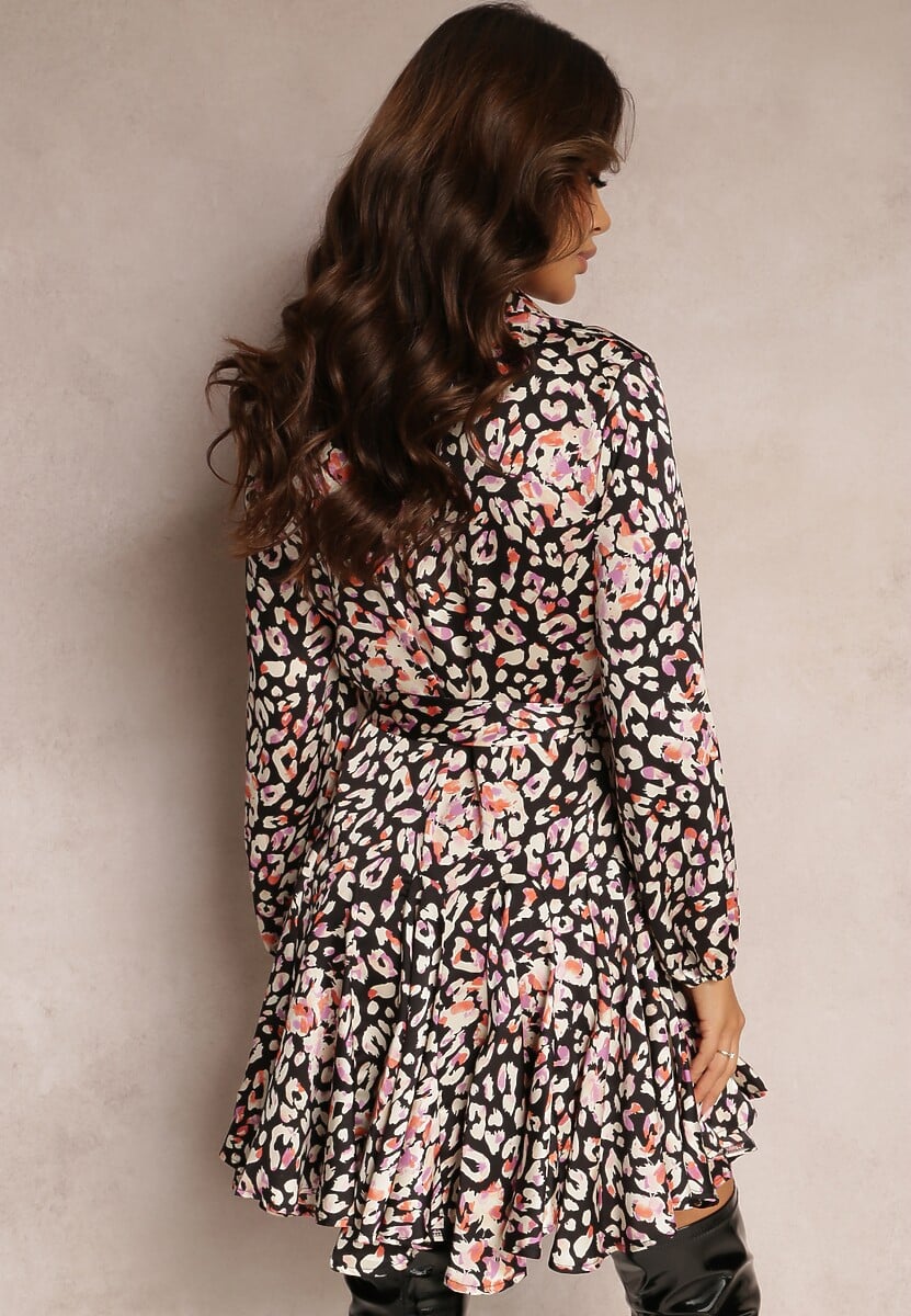 Czarna Rozkloszowana Sukienka Koszulowa z Wiązanym Paskiem Shesh