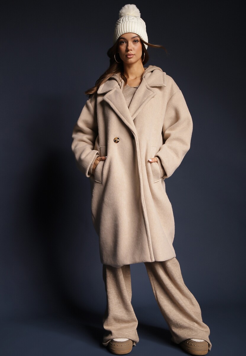 Jasnobeżowy  Dwurzędowy Płaszcz Oversize z Wełną Spolete