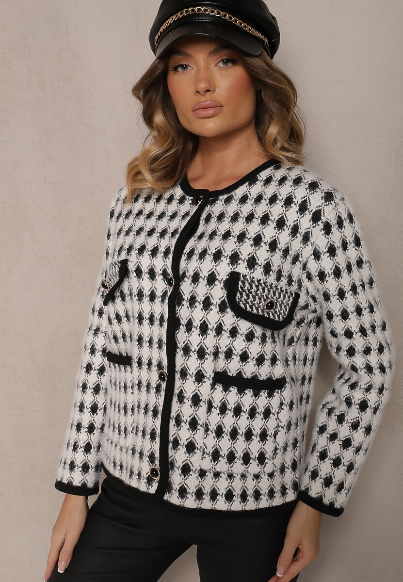 Czarny Wiskozowy Kardigan Ozdobiony Wzorem w Pepitkę i Guzikami Saveri