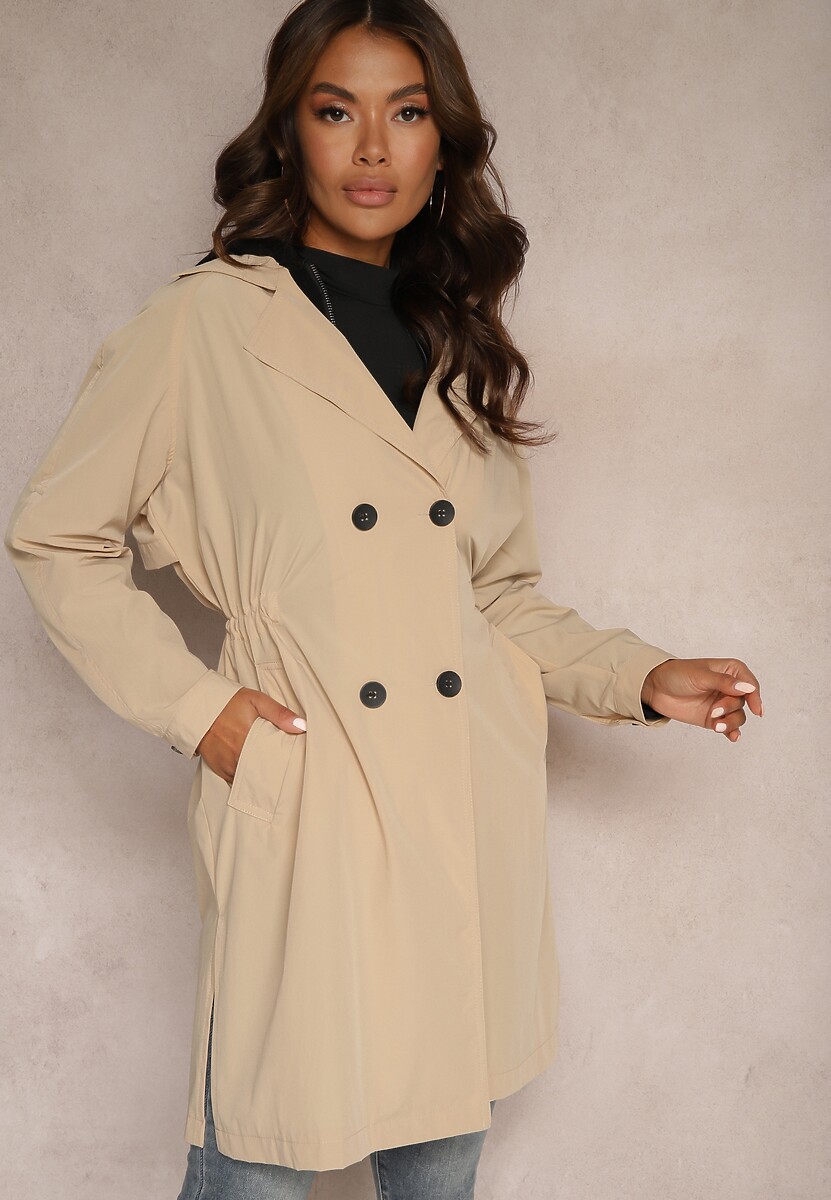 Jasnozielony Płaszcz Dwurzędowy z Dodatkiem Bawełny Wykończony Paskiem i Rękawami z Regulacją Mevessa