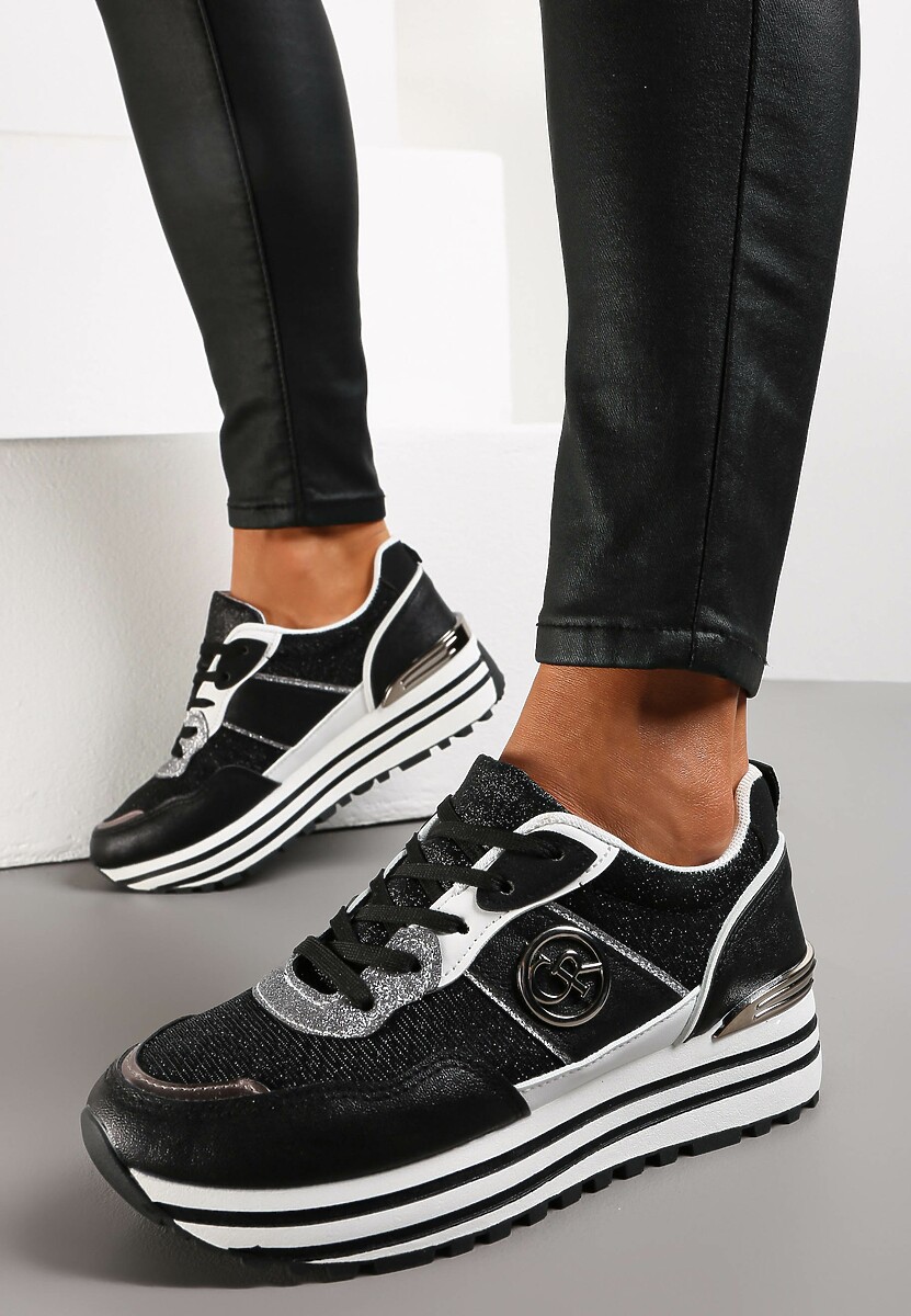 Srebrne Brokatowe Sneakersy na Grubej Podeszwie Lelina