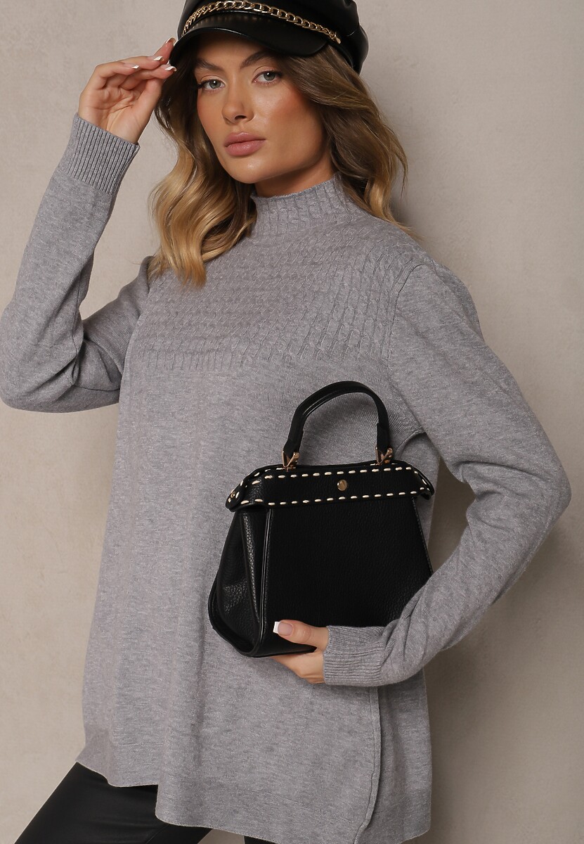 Szary Sweter Półgolf z Bawełną i Kieszenią z Przodu Emittes