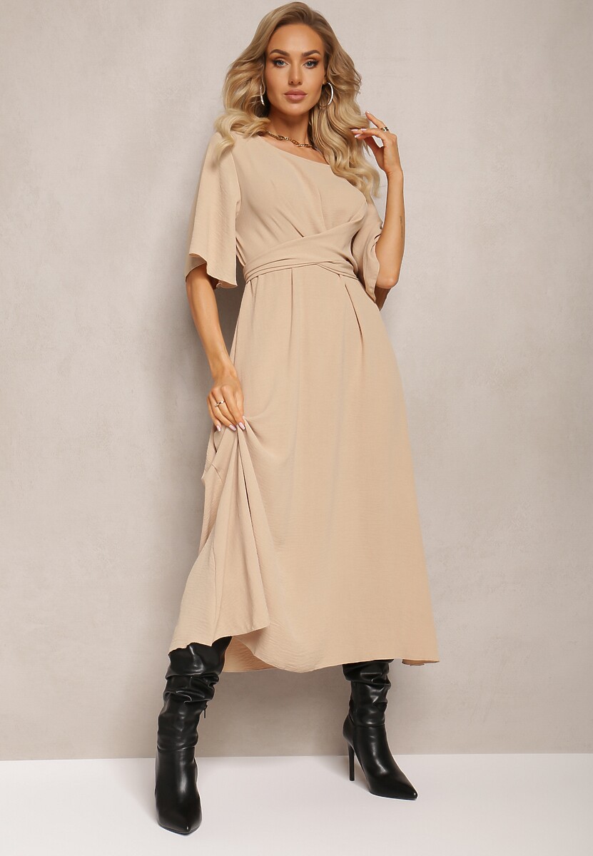 Ciemnobeżowa Rozkloszowana Sukienka Maxi z Szerokim Rękawem i Gumką w Pasie Sador