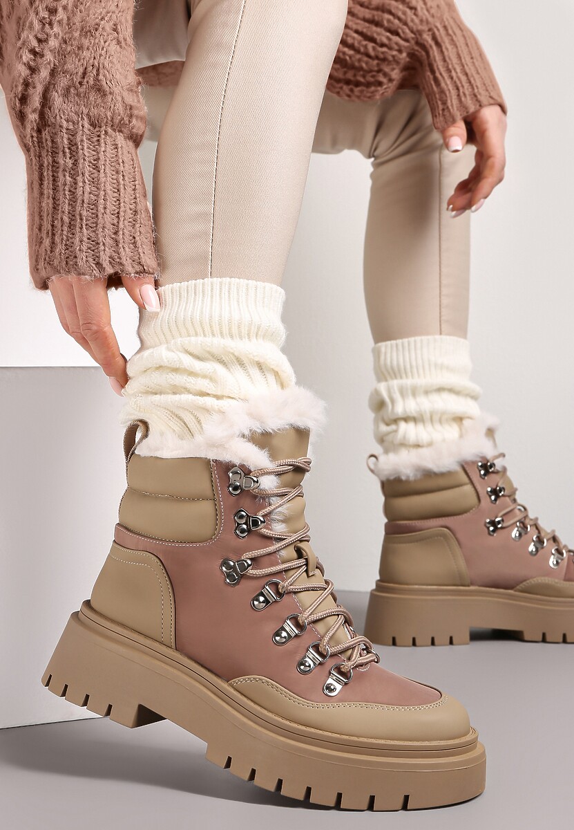 Ciemnobeżowe Traperki Sznurowane z Futerkiem Henna