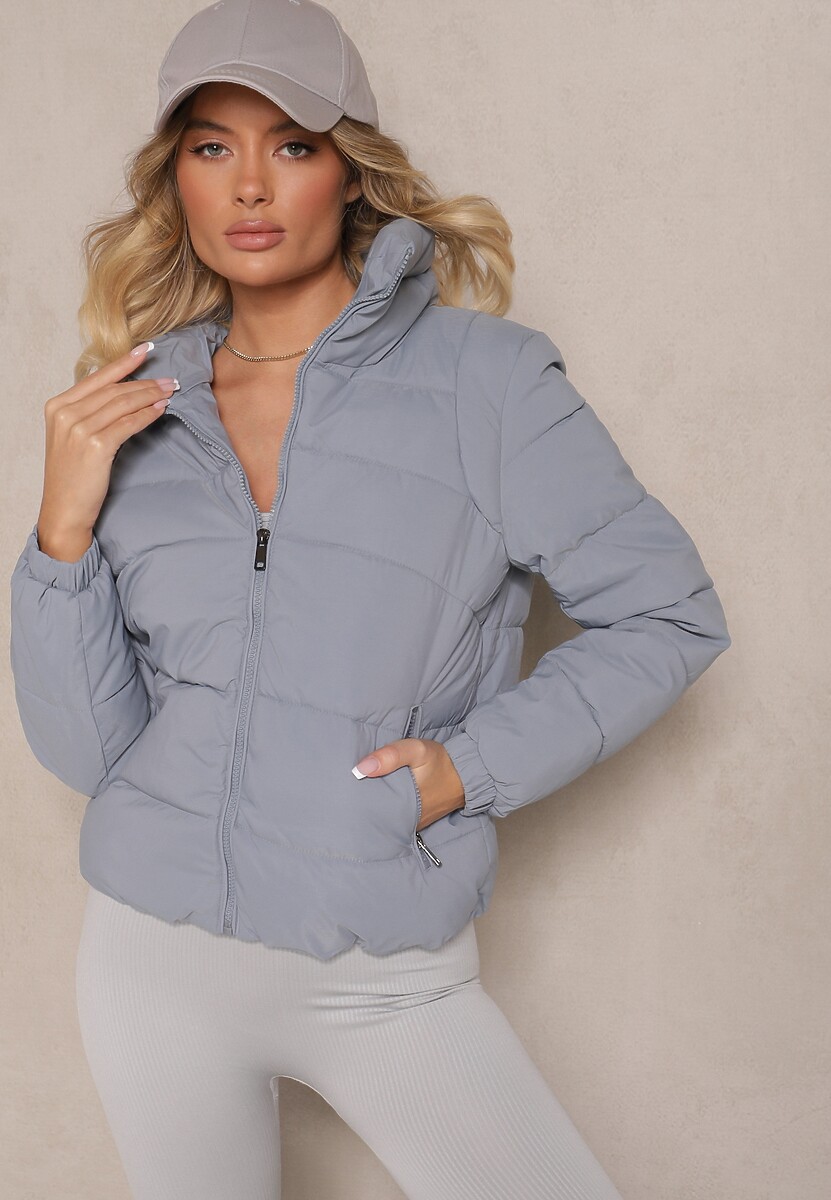 Niebieska Kurtka o Prostym Kroju ze Stójką i Pikowanymi Przeszyciami Mireriel