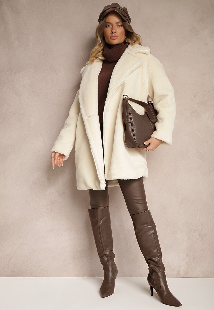 Jasnobeżowy Dwurzędowy Płaszcz Futrzany o Długim Kroju Typu Teddy Malwika