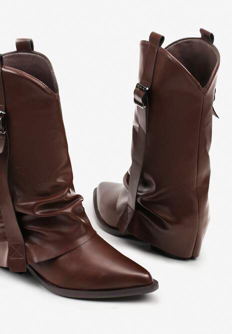 Ciemnobrązowe Botki Kowbojki z Wywiniętą Cholewką z Marszczeniem Ilova