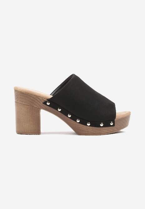 Czarne Klapki z Imitacji Skóry na Słupku i Platformie Ozdobione Nitami Joralea