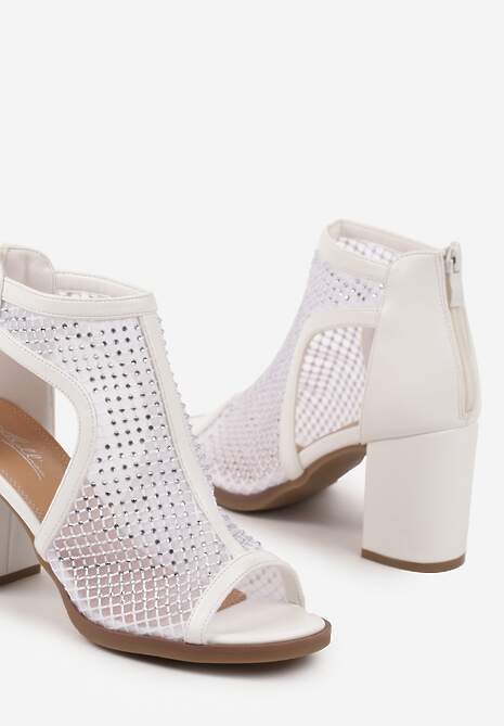 Białe Siateczkowe Sandały Stylizowane na Botki na Obcasie z Cyrkoniami Senarila