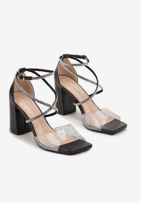 Czarne Sandały na Słupku Ozdobione Cyrkoniami Fodea