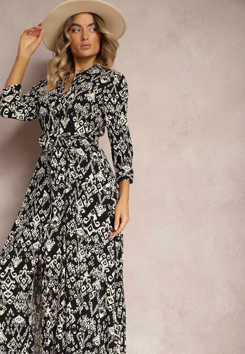 Czarna Sukienka Koszulowa Wiązana w Pasie w Etno Wzór z Wiskozy Lokaggia