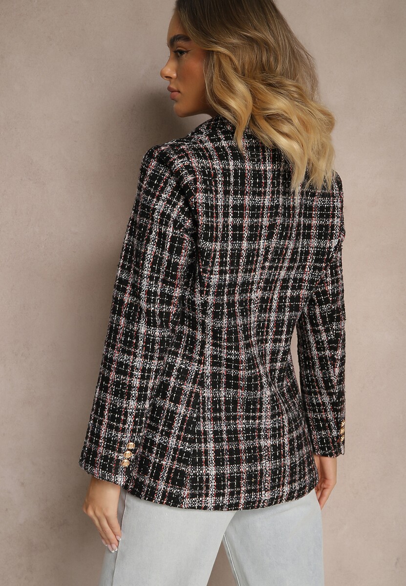 Czarna Dwurzędowa Marynarka z Błyszczącą Nicią i Poduszkami na Ramionach Elilona