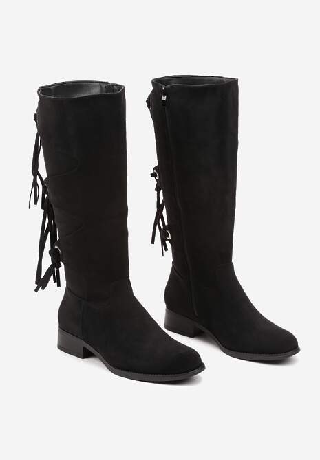 Czarne Ekozamszowe Kozaki z Cholewką Ozdobioną Frędzlami Realenna