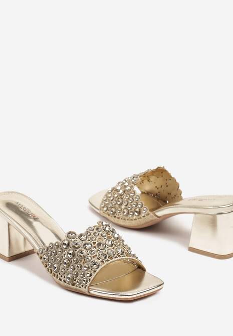 Złote Eleganckie Klapki na Słupku z Kryształkami i Cyrkoniami Selorin