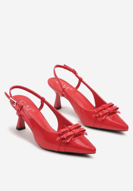 Czerwone Lakierowane Sandały na Obcasie z Noskiem w Szpic z Kokardkami Noravis