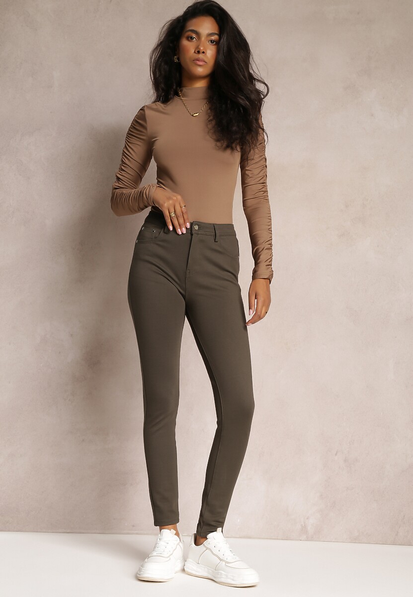 Ciemnozielone Skinny Spodnie z Kieszeniami i Zapięciem na Guzik oraz Suwak Mendieva