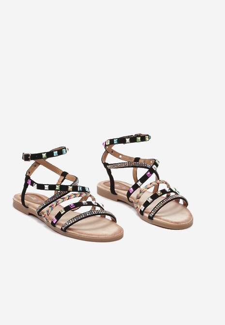 Czarne Płaskie Sandały z Cienkimi Paskami z Cyrkoniami i Ćwiekami Mizuki