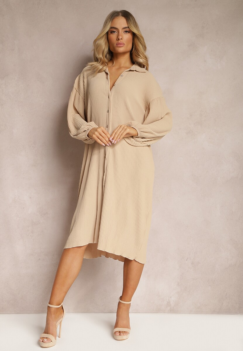 Beżowa Plisowana Sukienka Midi z Kołnierzem i Guzikami Danitza