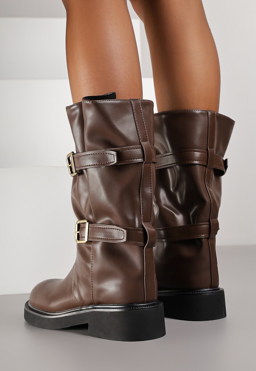 Brązowe Botki Biker Boots z Marszczoną Cholewką i Paskami ze Sprzączkami Sinesa
