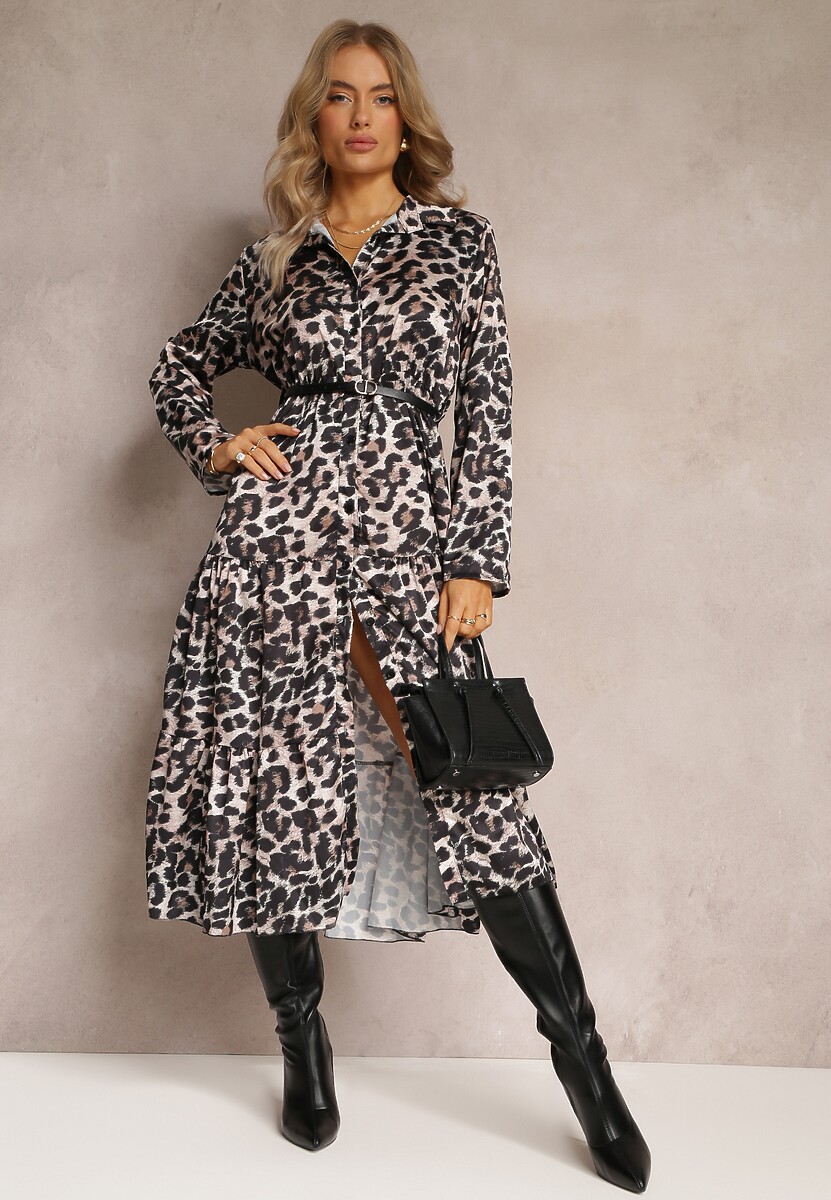 Beżowo-Brązowa Sukienka w Panterkę z Paskiem Antibrote