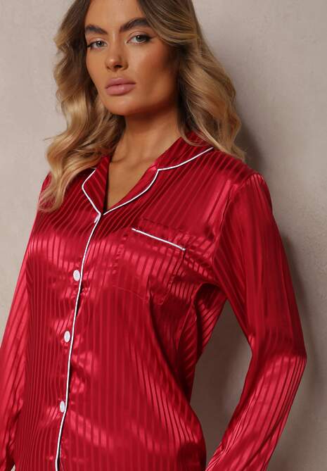 Bordowy Komplet Piżamowy Góra o Koszulowym Kroju z Guzikami Spodnie z Gumką w Talii Rivanias