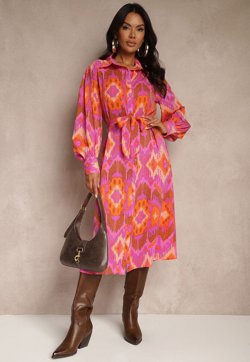 Fuksjowa Sukienka Midi o Koszulowym Fasonie Ozdobionym Wzorem w Stylu Etno Thailven