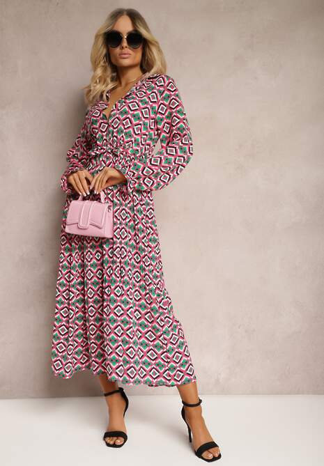 Fuksjowa Plisowana Sukienka Koszulowa z Wiązanym Paskiem Helminesa