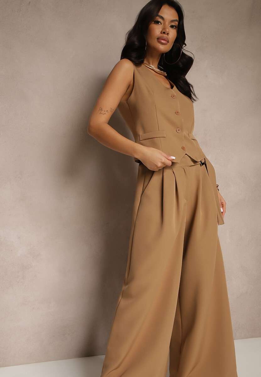 Jasnobrązowy Komplet Garniturowy z Kamizelką i Spodniami o Szerokim Kroju Ravirana