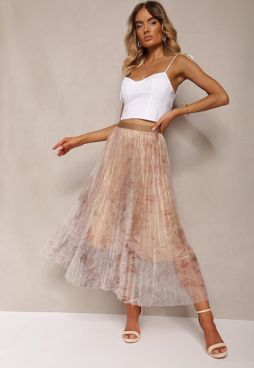 Beżowa Plisowana Spódnica Midi Ozdobiona Abstrakcyjnym Wzorem na Siateczce Estabia